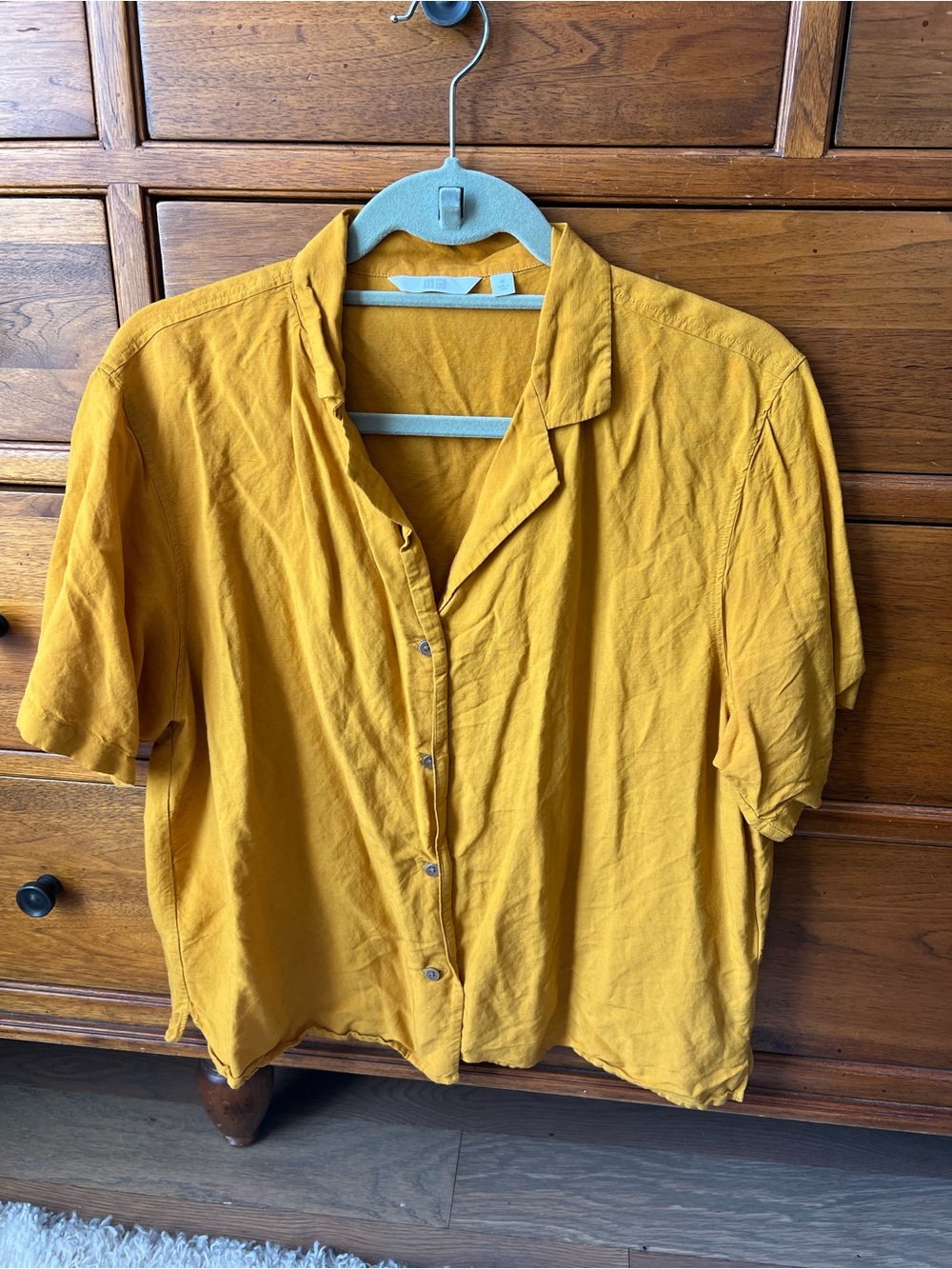 Uniqlo Mustard Yellow Linen Short Sleeve Button-Up Shirt